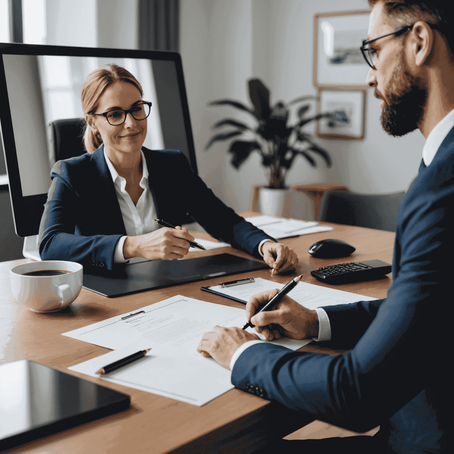 A professional notary signing documents with a client via video conference, showcasing the virtual nature of our services