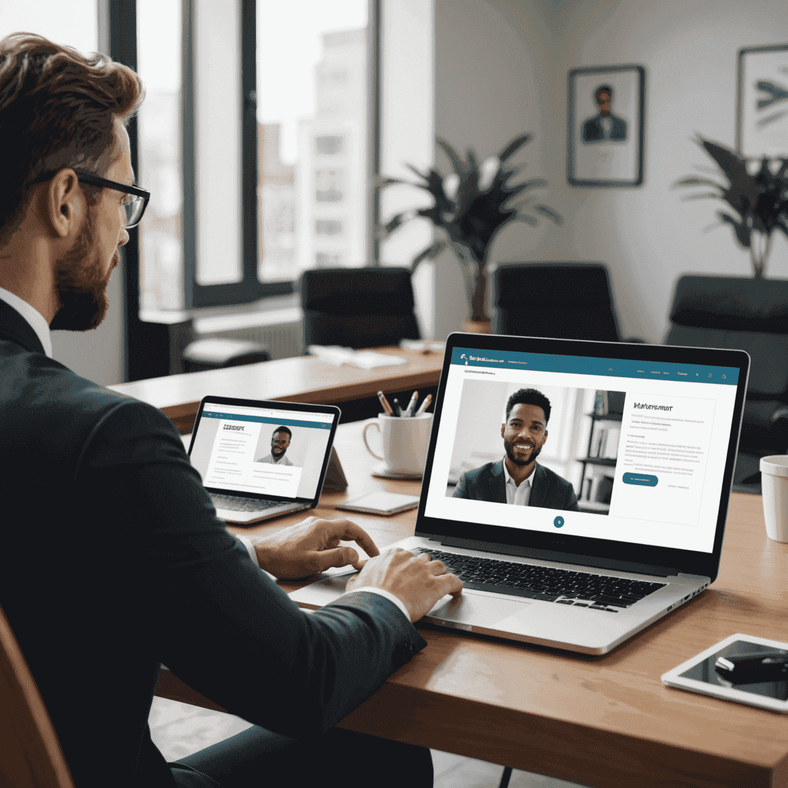 A digital notary service in action, showing a person using a computer to notarize a document remotely while video conferencing with a client